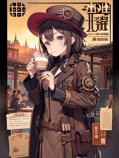 Steampunk AI。highest quality。masterpiece。Detailed explanation。One Woman。Steampunk Traveler。Drinking coffee at a food stall。The background is a steampunk-style wooden maze..。