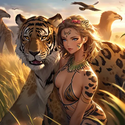 (sexy nubile women,african wildlife,day on the plains),beautiful detailed eyes,beautiful detailed lips,extremely detailed eyes and face,longeyelashes,[wild style:0.9],[vivid colors],[photorealistic:1.37],[best quality,4k,8k,highres,masterpiece:1.2],[concep...