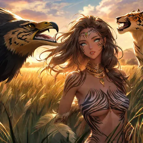 (sexy nubile women,african wildlife,day on the plains),beautiful detailed eyes,beautiful detailed lips,extremely detailed eyes and face,longeyelashes,[wild style:0.9],[vivid colors],[photorealistic:1.37],[best quality,4k,8k,highres,masterpiece:1.2],[concep...