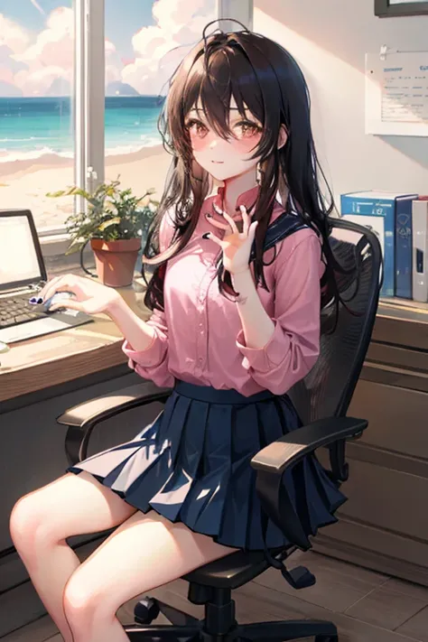 Hu Tao, 1 girl, alone, ((Pink Shirt)), black Raise your legs, chest, Split, , Office background, Blue Skirt, Pleated skirt, Beach, Hair between the eyes, Brown eyes, Flower Eyes, medium chest, Shortcuts, Looking at the audience, Black Hair, Short brown nai...