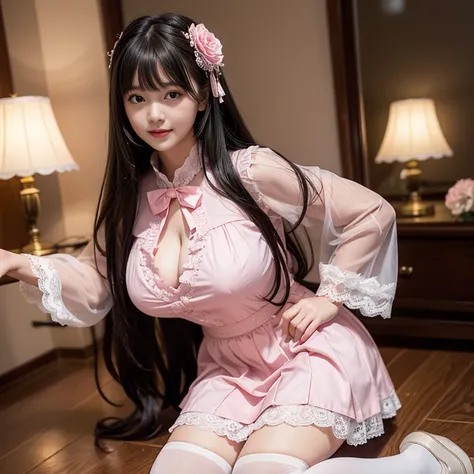 best quality, Delicate face，beautiful visual work,lifelike，1 girl, eternity, Black Hair, Long curly hair, Bangs, Smile, Pink skirt, Pink loli dress, layered skirt, Lolita style long skirt,分層連衣裙 Lace-trimmed 裙子, decorate, Lace, Long sleeve, Puff sleeves, Wi...