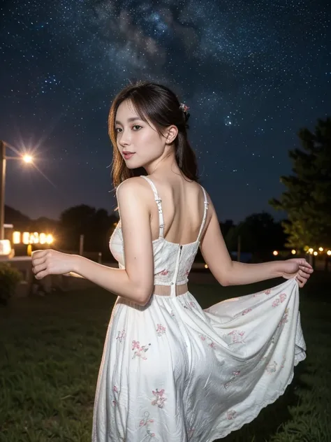 ((masterpiece, highest quality, Best image quality, High resolution, Realistic, RAW Photos, 8k)), ((Highly detailed CG synthesis 8k wallpaper)), Dancing in the starry sky,A fluttering summer dress seen from behind,