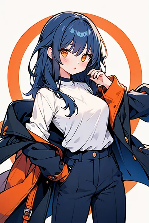 girl、AAA Cup、No breasts、university student、Mature、Dark blue hair、Medium、Orange Eyes、Sharp Eyes、Narrow eyes、White y-shirt、Black suit pants、A plain navy blue coat