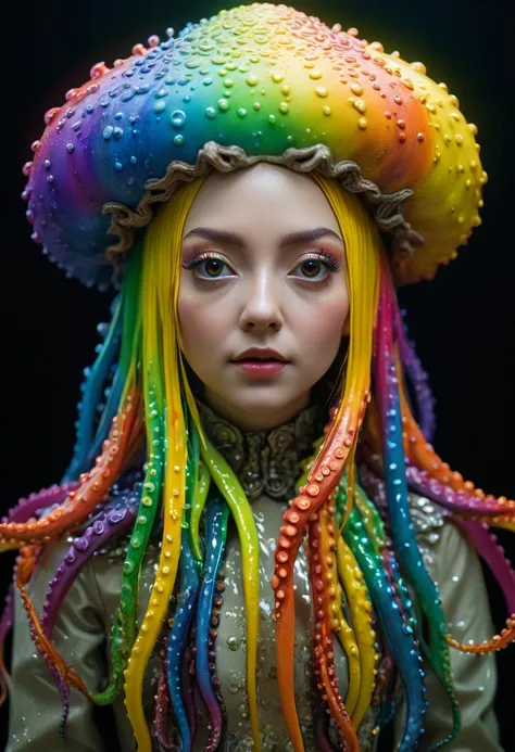 8K, ARTISTIC photogrAphy, best quAlity, mAsterpiece: 1.2), A (potrAit:1.2)  witch BLOOD Toon Doll  Cthulhu   QUEEN, RAINBOW many octopus style tentacles, full body RAW candid cinema, yellow hair, 16mm, color graded portra 400 film, remarkable color, ultra ...