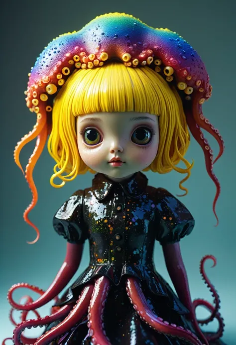 8K, ARTISTIC photogrAphy, best quAlity, mAsterpiece: 1.2), A (potrAit:1.2)  witch BLOOD Toon Doll  Cthulhu   QUEEN, RAINBOW many octopus style tentacles, full body RAW candid cinema, yellow hair, 16mm, color graded portra 400 film, remarkable color, ultra ...