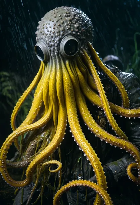 8K, ARTISTIC photogrAphy, best quAlity, mAsterpiece: 1.2), A (potrAit:1.2)  witch BLOOD  Cthulhu SOLDIER, EYES,  WHITE RUST many octopus style tentacles, full body RAW candid cinema, yellow hair, 16mm, color graded portra 400 film, remarkable color, ultra ...