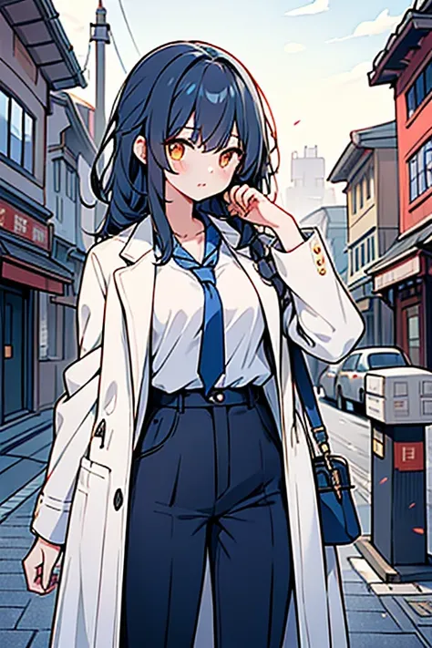 girl、（（AAA Cup））、university student、Mature、Dark blue hair、Medium、Orange Eyes、Sharp Eyes、（（Narrow eyes））、White y-shirt、Black suit pants、（（A plain navy blue coat））、In town、Looking at smartphone、Waiting for someone