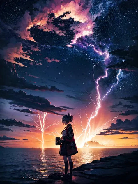 The image shows Nanashi Mumei alone at night in Venezuela, observing the famous phenomenon known as Catatumbo lightning in the distance. She is dressed in a tourist outfit and has a camera to capture the rather wonderful phenomenon. In the picture, lightni...