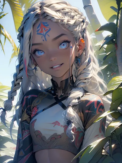 (best quarity,ultra detailed,ultra-high-resolution, absolutely resolution,8k, masterpiece), 20 years old,very-cute-and-beautiful-anime-girl,smile,highly-detailed-face-and-eyes,(full-body:1.4),(dark_skin:1.3),(tribal_tatoo:1.2),(Glossy Oceania Accessories:1...