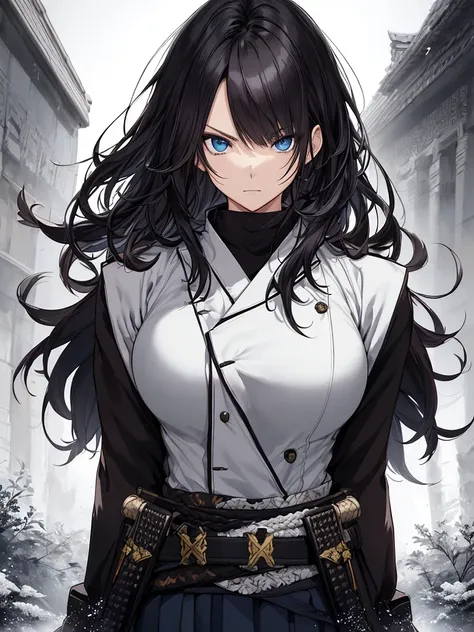 Japanese Katana Sword、Samurai sword、Full body、White one-piece military uniform、 Jet black head of hair,(masutepiece:1.2, Best Quality), (finely detailed beautiful eye: 1.2), (Detailed background,Dark Fantasy), (beautifull detailed face), High contrast, (Be...