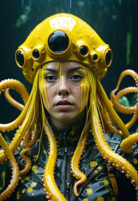 8K, ARTISTIC photogrAphy, best quAlity, mAsterpiece: 1.2), A (potrAit:1.2)  witch  Cthulhu   soldier, YELLOW-BLACK many octopus style tentacles, full body RAW candid cinema, yellow hair, 16mm, color graded portra 400 film, remarkable color, ultra realistic...