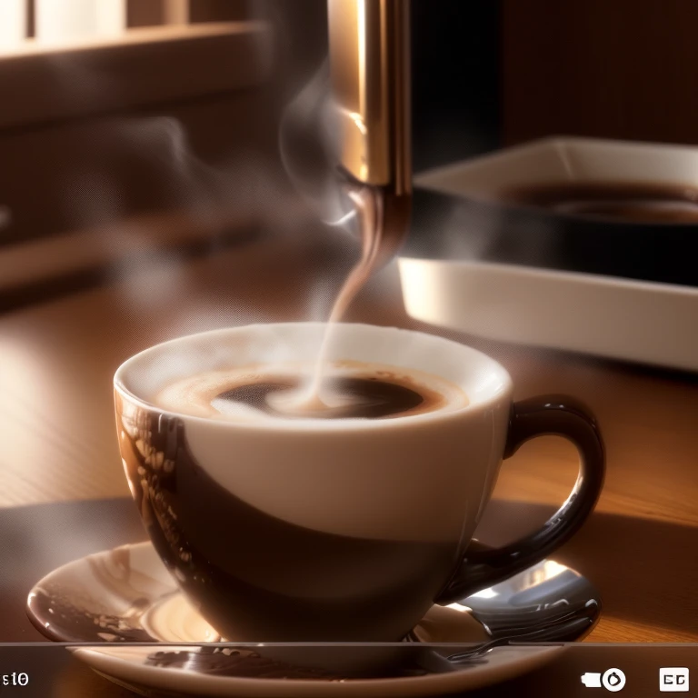 there is a A cup of coffee on a saucer on a table, Steaming coffee, full of Steaming coffee, youtube video screenshot, coffee smell, A cup of coffee, Youtube thumbnails, youtube video, drinking a A cup of coffee, Morning Coffee, Hot Coffee, Highly detailed...