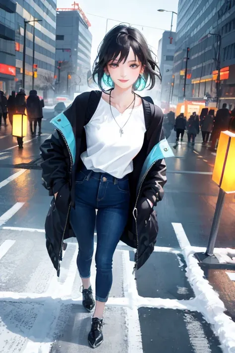 (best quality,8k,photo-realistic:1.37),full-body portrait,beautiful woman,charming expression,short hair,16 years old,Tokyo,Winters,Shibuya in the background,sexy pose,short cut,stylish clothes,confident,modern makeup,subtle smile,slender physique,refreshi...