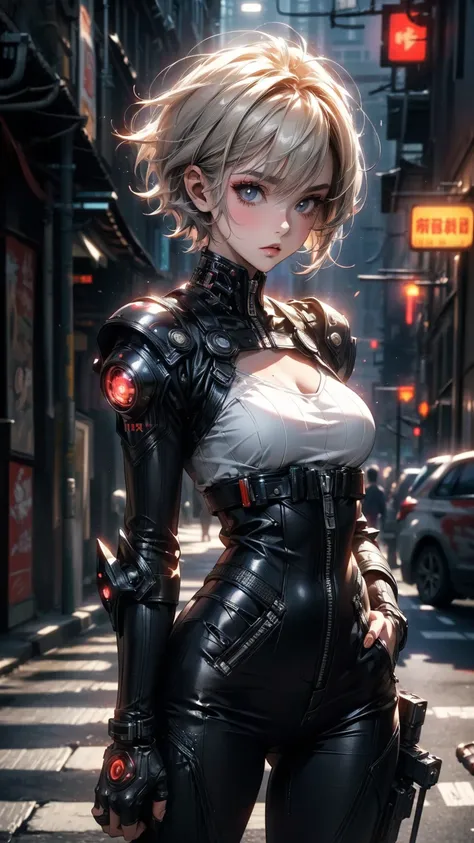 ((Highly detailed CG unit 8K wallpaper, masterpiece, High resolution, highest quality)), Structure from head to thighs:1.3, Upper body focus, 20-year-old woman, Ash gray short hair, Avant-garde makeup, Hands in pockets pose:1.5, cyber punkファッション, Blurred B...