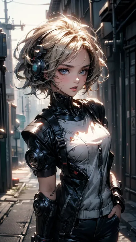 ((Highly detailed CG unit 8K wallpaper, masterpiece, High resolution, highest quality)), Structure from head to thighs:1.3, Upper body focus, 20-year-old woman, Ash gray short hair, Avant-garde makeup, Hands in pockets pose:1.5, cyber punkファッション, Blurred B...