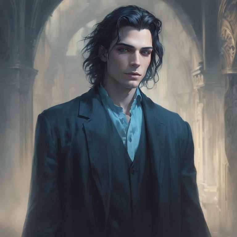 Imagen arafed de un hombre con cabello largo y ojos azules., fantasy genre portrait, fantasy male portrait, vampiro masculino, retrato de capa salvaje de aleta, chico guapo en el arte de Demon Slayer, tom bagshaw donato giancola, handsome vampiro masculino...