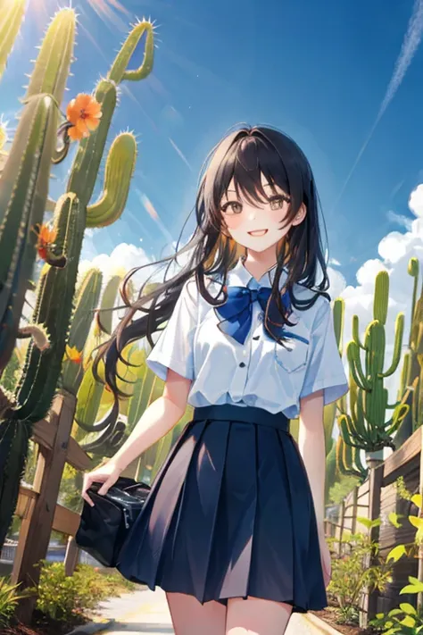 Cactus,cute,girl,uniform,Okinawa,Blue sky,smile