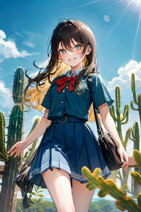 Cactus,cute,girl,uniform,Okinawa,Blue sky,smile