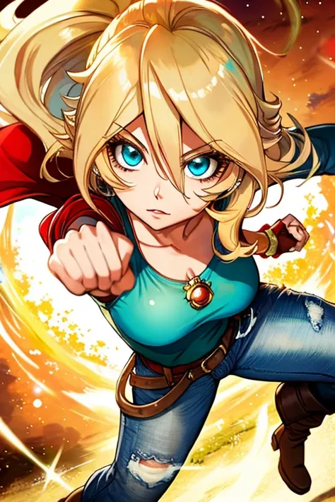 Rosalina, Rosalina wearing a red Top, jeans , Boots, Rosalinas golden hair flowing through air, ultra detailed face, fingerless gloves, fighting pose