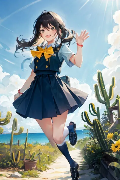 Cactus,cute,girl,uniform,Okinawa,Blue sky,smile,Shortcuts,Jumping