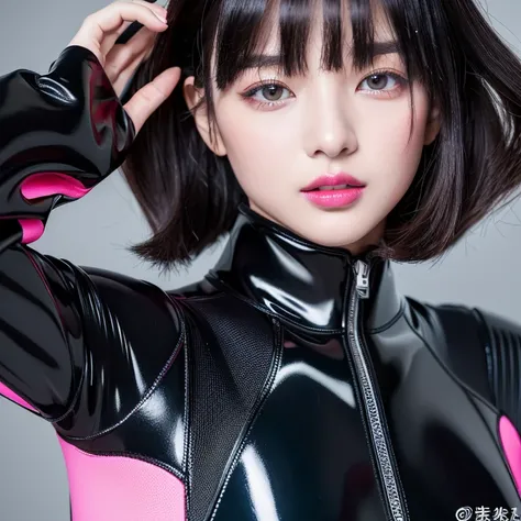 8k,超A high resolution,highest quality、masterpiece、Ultra - High resolution、(It looks real in the photo:1.4)、(1 girl)、long sleeve、(rubber black racing suit)、(mid short hair)、(wet hair)、super detailed human face、pink gloss lipstick