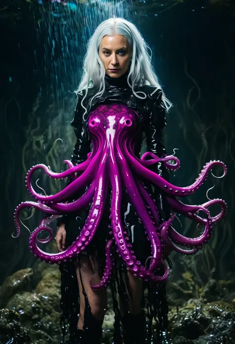 8K, ARTISTIC photogrAphy, best quAlity, mAsterpiece: 1.2), A (potrAit:1.2) witch Cthulhu soldier, FUCSIA-BLACK many octopus style tentacles, full body RAW candid cinema, white hair, 16mm, color graded portra 400 film, remarkable color, ultra realistic, sad...