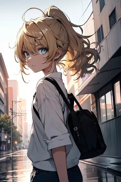 An exquisite masterpiece，Best quality，Illustration style，Anime girl with a curly ponytail，Beautiful eyes，summer，The white short-sleeved hem is blown by the wind，denim pant，Blue-purple gradient goggles，small ，Heartwarming，Young and beautiful，heroic look，Bla...