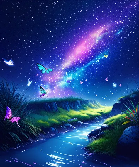 cute girl characters、iridescent grass々drawing a butterfly flying over the water, looking up at the starry sky. surround her with...