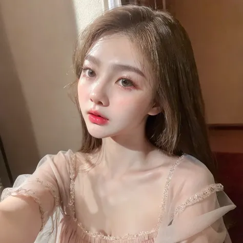 pretty doll-like fairy-like beauty xiaohongshu girl, selfie, light brown/hazel eyes, pale skin, rosy cheeks, slender, aegyo-sal, pouty look, cupids bow, glossy red lips, sheer elegant outfit