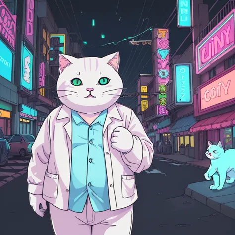 chubby white cat dressed in a hawaiian shirt and in the background a city with neon lights at night