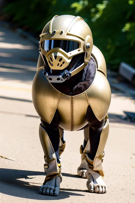 A dog wearing a protective suit all over its body.realistic style,Biology,helmeted,realistic,bright afternoon