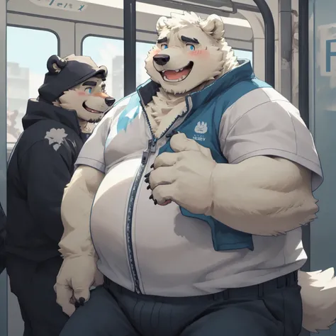 New Jersey 5 Furry，polar bear，portrait,Exquisite， Chubby，Fat，Thick arms，Rugged muscles，White plush fur，Chubby脸，Black eyebrows，Sky blue eyes，Beard，On the subway，Zipper Clothes，Pants，embarrassed laughing，blush