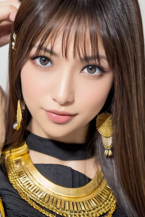 Masterpiece, high quality, high resolution, 8K, Skinny Japanese woman in a costume of Cleopatra, beautiful face, makeup of Cleopatra, detailed face, detailed eyes