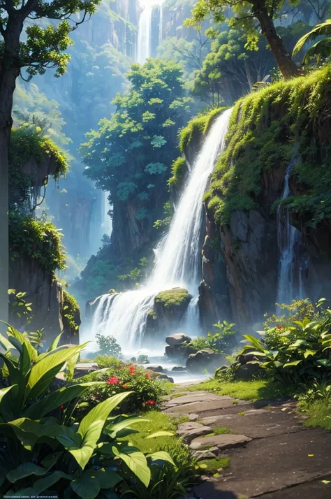 masterpiece, best quality, (Extremely detailed CG Unity 8K wallpaper), (best quality), (Best Illustration), (Best shadows), When landing，Suspended on the ground，There are vines at the bottom , There are tropical rainforests on both sides, Waterfalls fall f...