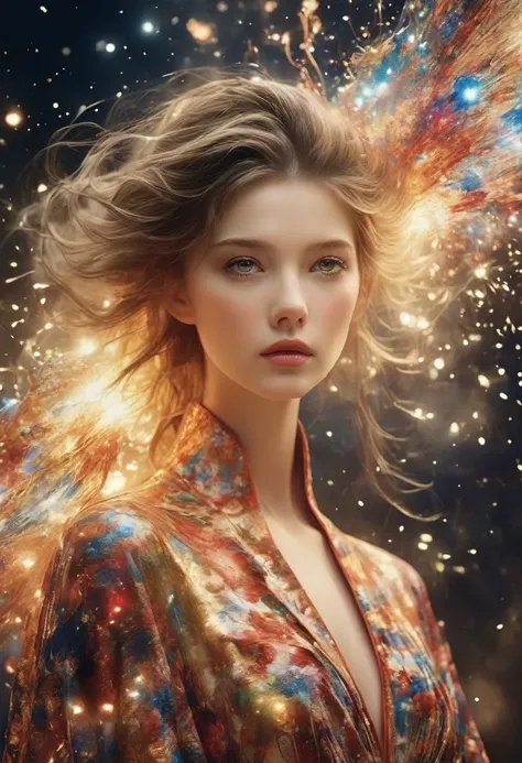 for marie claire, a model in a valentino creation, her pose commanding, amidst the depiction of a supernova explosion. asymmetri...