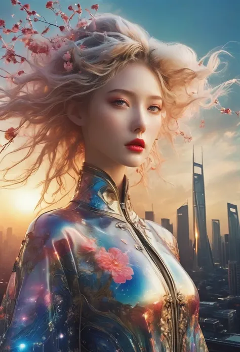 Step into a dreamscape where a high fashion model dons an avant-garde version of the Zhongshan suit by Yohji Yamamoto. This low angle view for V Magazine taken in a futuristic Shanghai skyline, demonstrates the visionary aesthetic of Pierre et Gilles