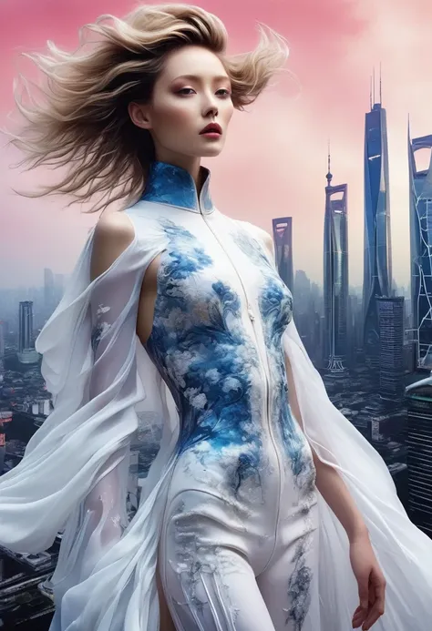 Step into a dreamscape where a high fashion model dons an avant-garde version of the Zhongshan suit by Yohji Yamamoto. This low angle view for V Magazine taken in a futuristic Shanghai skyline, demonstrates the visionary aesthetic of Pierre et Gilles