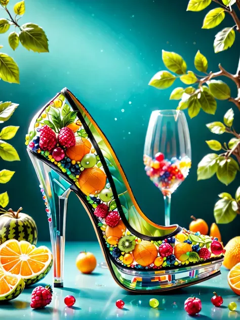 creative and fashionable high heels，inspired by fruit，material: colored acrylic，realism，super sharp photography，hd wallpapers，lo...