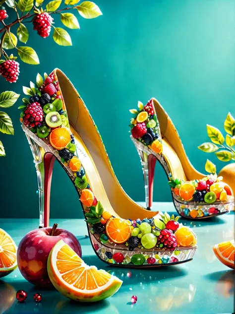 Creative and fashionable high heels，Inspired by fruit，Material: colored acrylic，realism，Super sharp photography，HD Wallpapers，Low Depth of Field Photography，Background bokeh effect