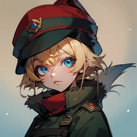 blue eyes , blonde hair , military outfit with a small red symbol , snowy tundra background , 1male , furry winter hat