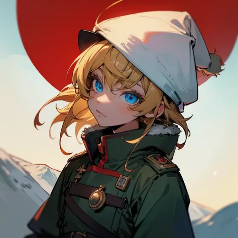 blue eyes , blonde hair , military outfit with a small red symbol , snowy tundra background , 1male , furry winter hat