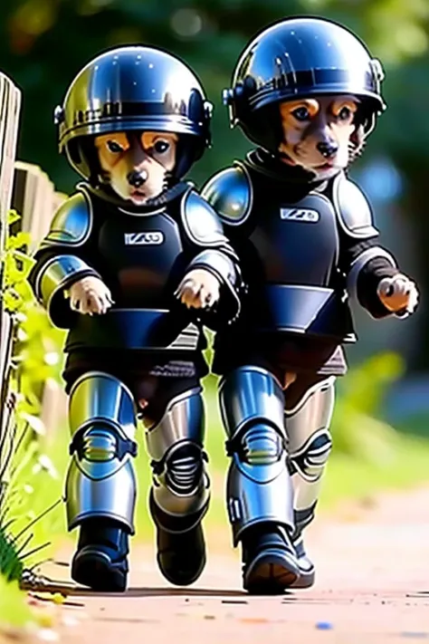 Puppy on a walk, cyber armor,helmet, Bright afternoon,puppy wearing boots,2 puppies,