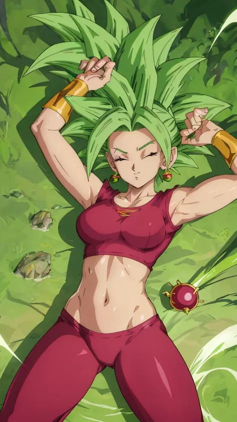 Kefla, dragon ball character, Green Hair, Green Earrings, Wine Yoga Pants, Good Yoga, Tight crop top wine, Skin, Toned, , Eyes Closed, Dead ,body Lying on the floor ,Decubitus Supine, Open Legs Separated , Open Arms extended Horizontal , front view ,  anim...