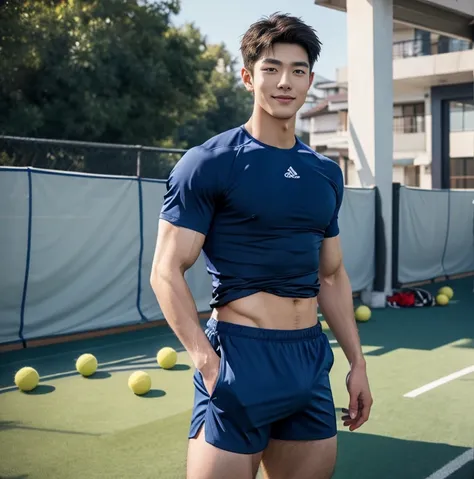 1 handsome Japanese guy, manly，tall, 20 years old，strong sport body, detailed muscles, Who is Shi Yu?, Li Yuanbin, Kim Hyung Tae, Kim Hyung Tae,,Kim Hyung Tae, Yin Shishan,  man wearing a blue shirt and shorts, naked chest, big chest abs, navy blue, navy b...