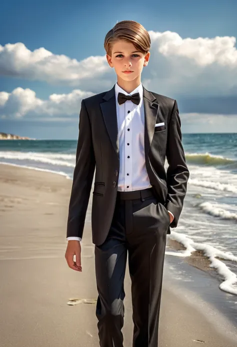 beautiful and realistic 14 year old boys in tuxedos on the beach, caras ultra detalladas, red de voleibol en segundo plano., fot...