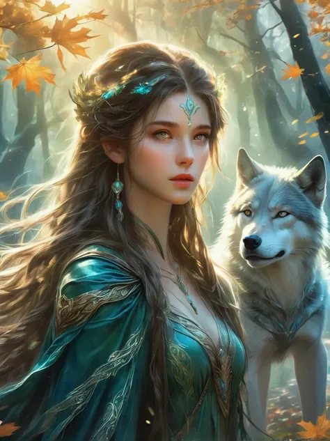 An elven ranger draws a glowing teal bow, braided autumn hair and cloak blowing dramatically. Intricate leaf-shaped armor glints in the mystical forest mist behind her. A wolf stands stalwartly by her side, ready for adventure. Dynamic fantasy landscape, r...