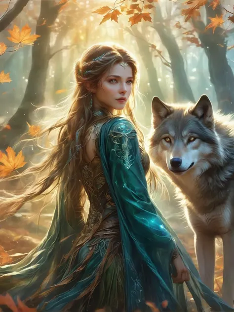 an elven ranger draws a glowing teal bow, braided autumn hair and cloak blowing dramatically. intricate leaf-shaped armor glints...