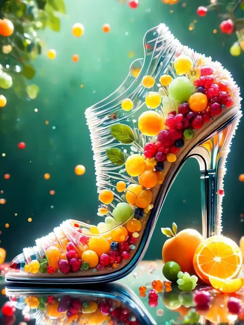 creative and fashionable high heels，inspired by fruit，material: colored acrylic，realism，super sharp photography，hd wallpapers，lo...