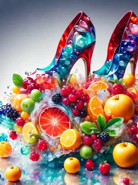 creative and fashionable high heels，inspired by fruit，material: colored acrylic，realism，super sharp photography，hd wallpapers，lo...