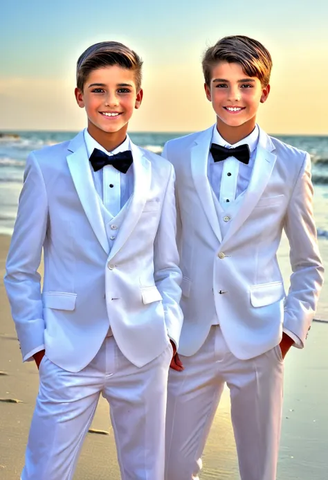 beautiful and realistic 14 year old boys in tuxedos on the beach, caras ultra detalladas, red de voleibol en segundo plano., fot...